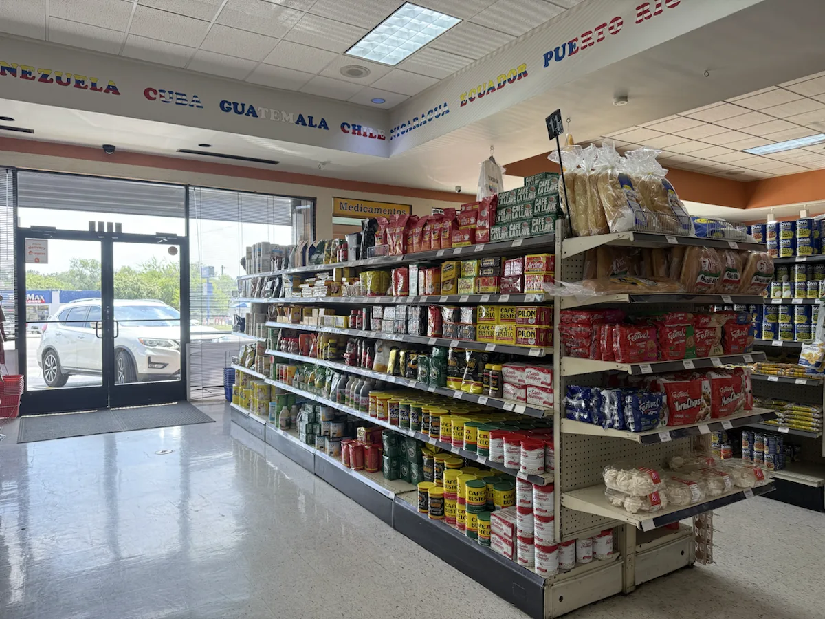 Aisle of Latin American products inside Las Americas Latin Market